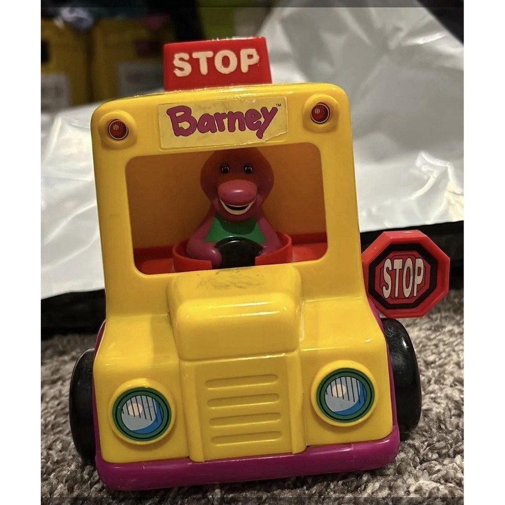 Vintage Barney The Dinosaur Push N Go Roll School Bus Toy Lyons Group 1994